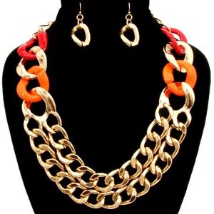 Orange, Red and Gold Link Necklace and Earrings Se